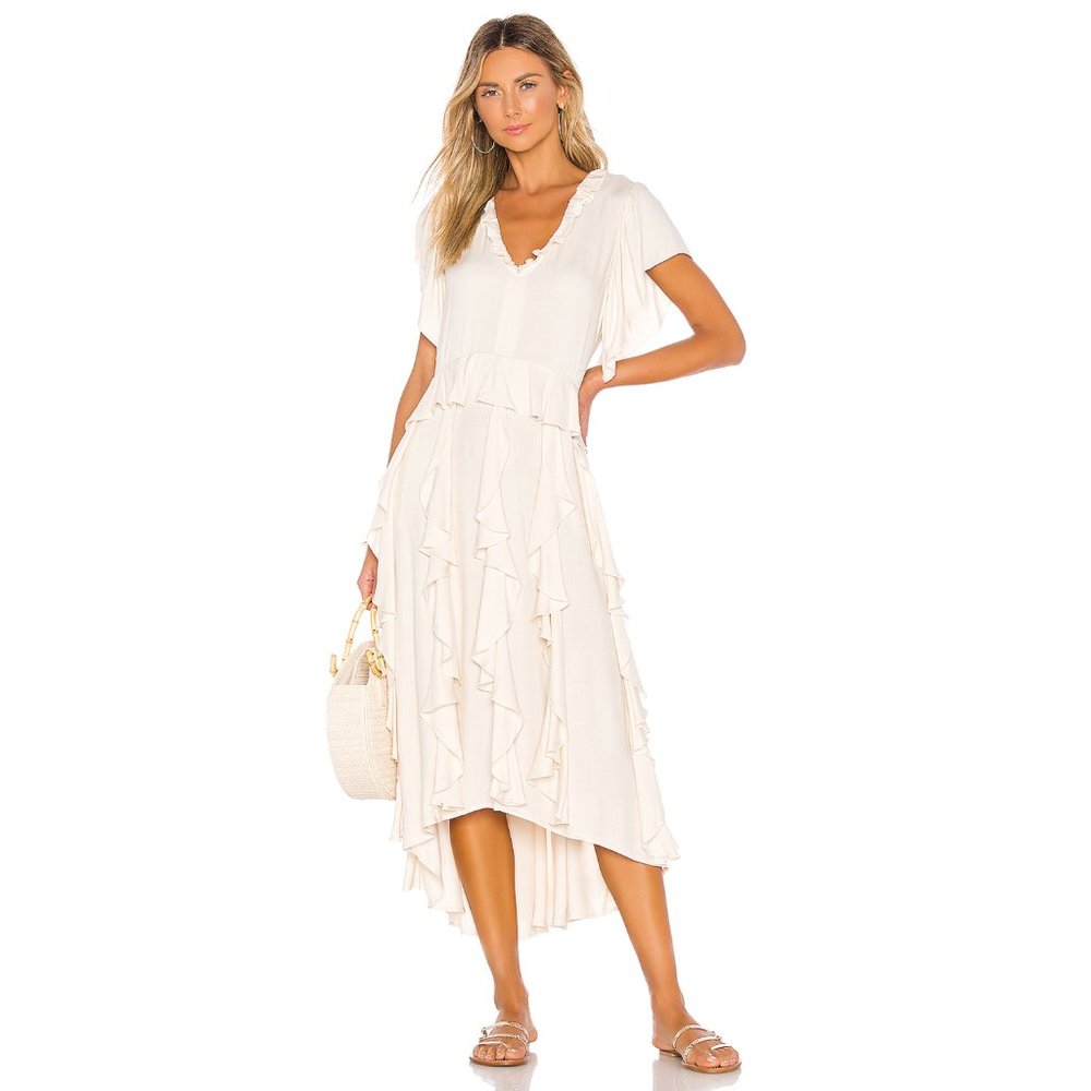 Light Cream Ruffle-Trim Midi Dress with V-Neck